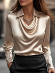Elegant White Satin Blouse with Draped Neckline