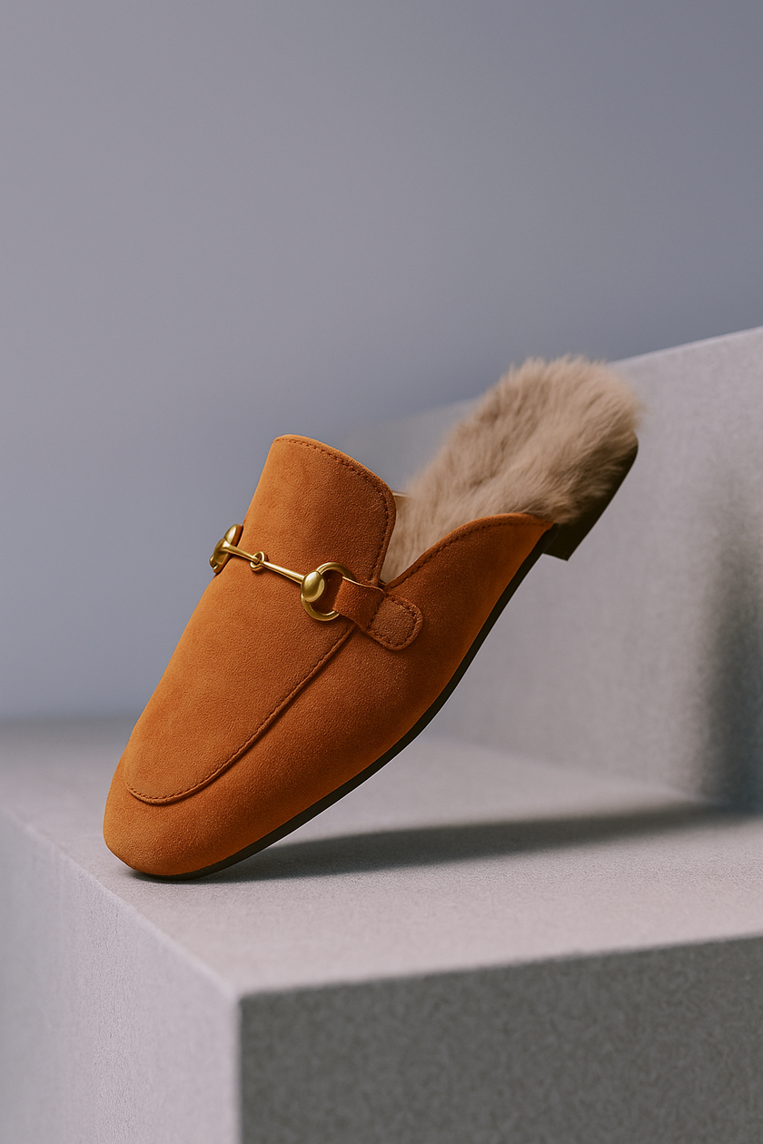 FJØRNA women's fur mule slippers with plush lining, slip-on luxury shoes for women, stylish and comfortable indoor footwear