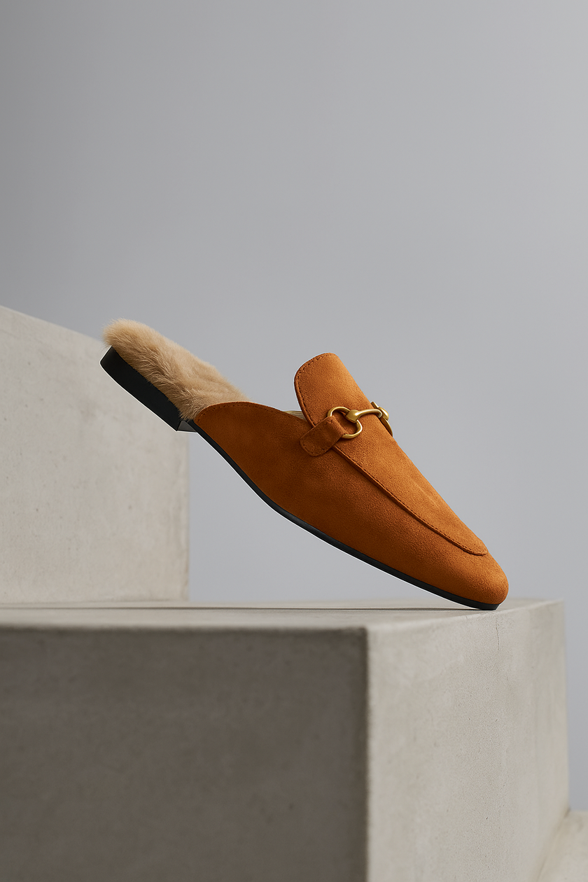 FJØRNA women's plush fur-lined slip-on mule slippers with elegant design and cozy interior for luxurious comfort.