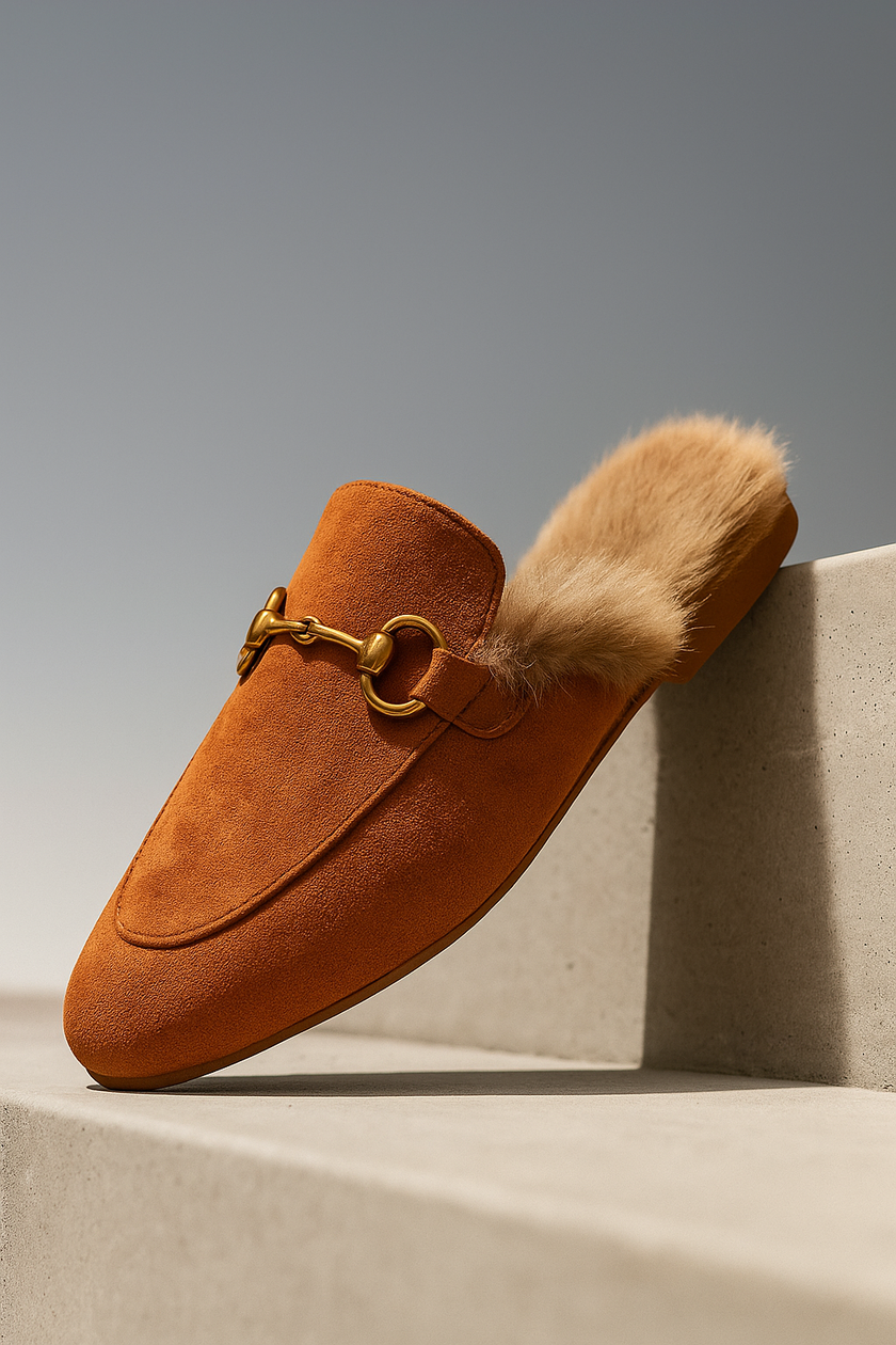 FJØRNA women's fur mule slippers with plush lining and slip-on design, featuring elegant, luxurious footwear for women.