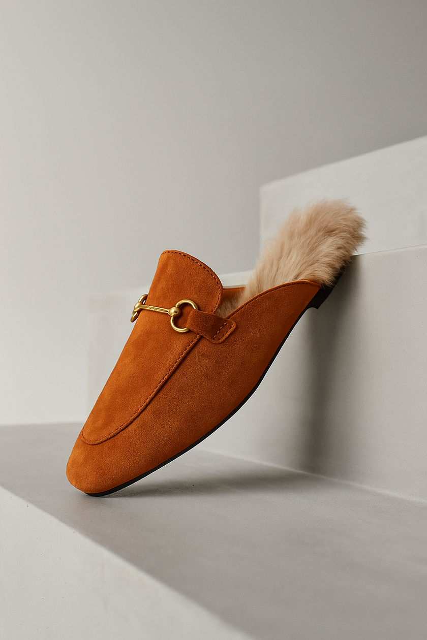 FJØRNA women's fur mule slippers with plush lining and slip-on design, showcasing soft, luxurious footwear for women.