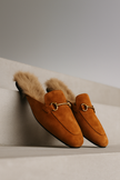 FJØRNA women's fur-lined slip-on mule slippers with plush interior, elegant and luxurious for cozy indoor wear.