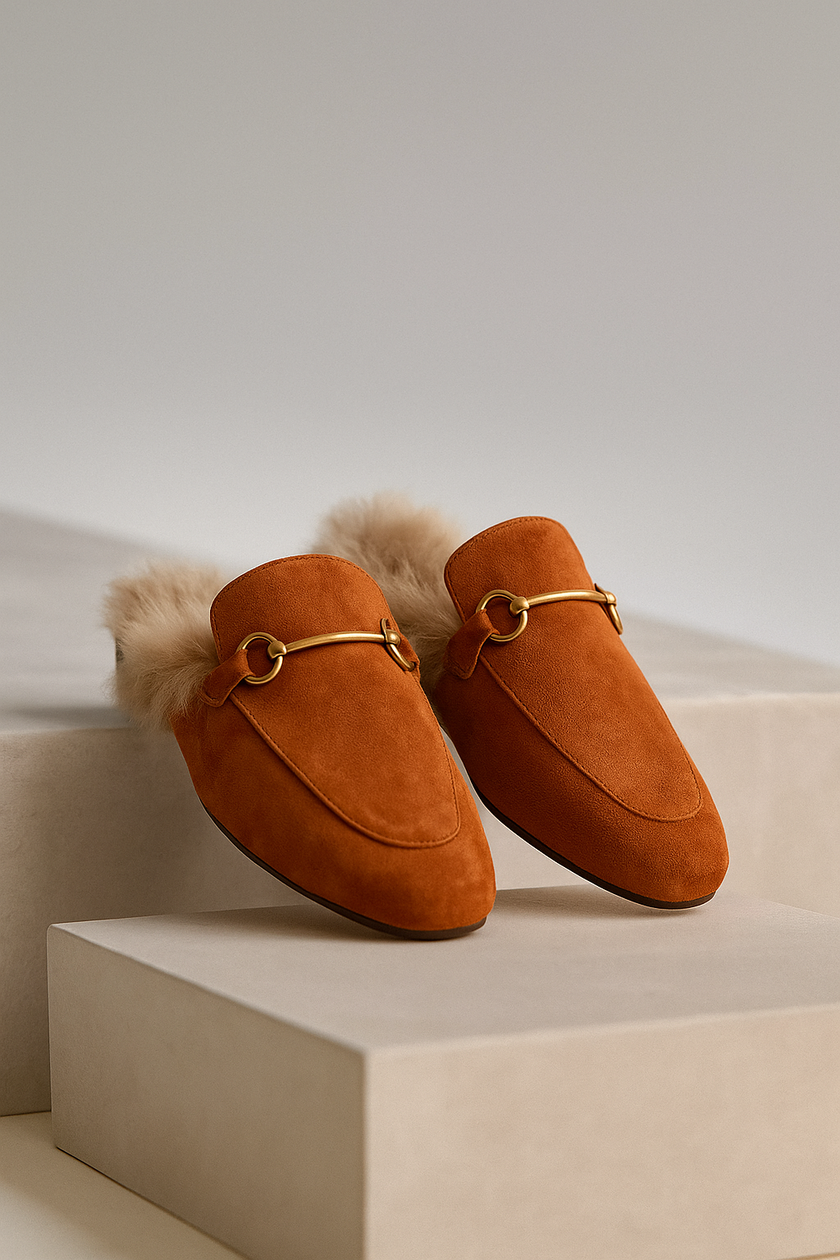 FJØRNA women's fur mule slippers with plush lining, slip-on luxury shoes featuring a cozy, elegant design and soft fur interior.