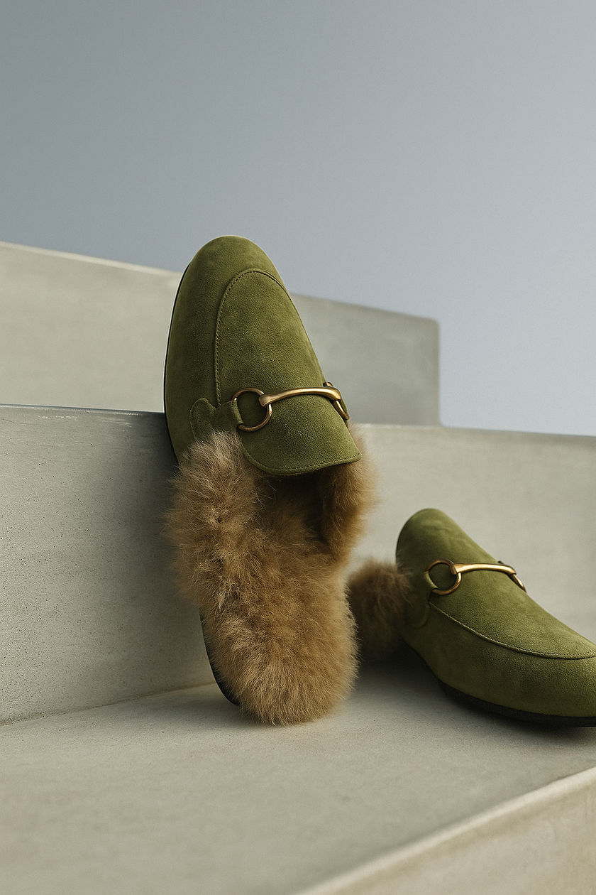 FJØRNA women's fur mule slippers with plush lining and slip-on design in stylish green, perfect for cozy comfort.