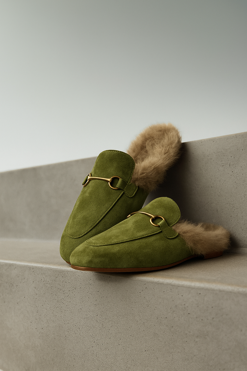 FJØRNA women's fur mule slippers with plush lining and slip-on design, stylish green loafers for cozy indoor wear