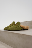 FJØRNA women's fur mule slippers with plush lining and slip-on design in stylish green, perfect for cozy comfort.