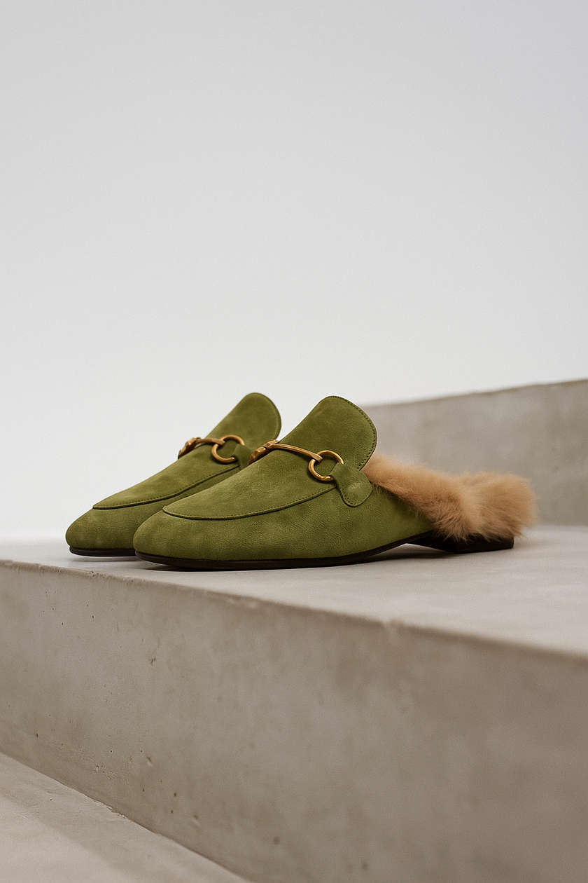 FJØRNA women's fur mule slippers with plush lining and slip-on design in stylish green, perfect for cozy comfort.