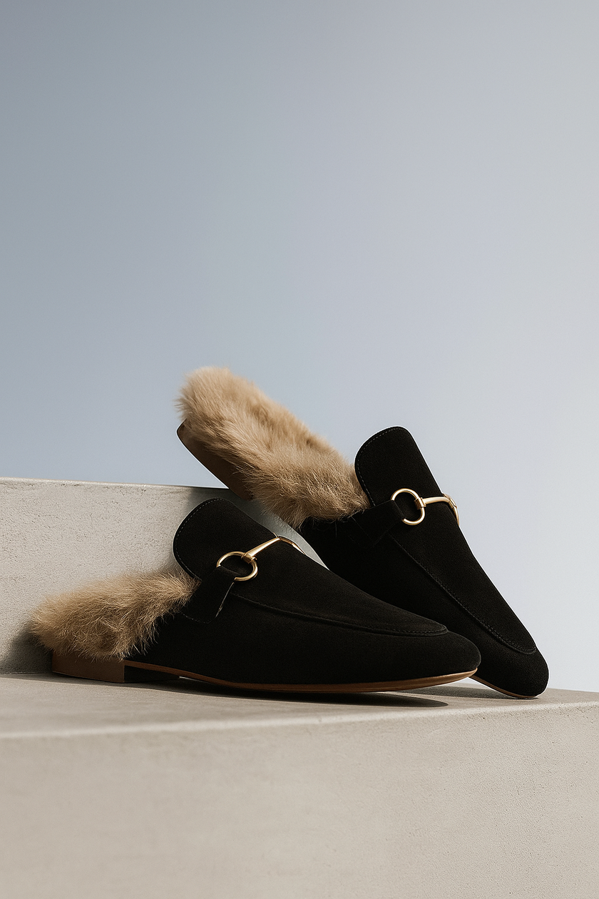 FJØRNA women's plush fur mule slippers with slip-on design and elegant fur lining, ideal for cozy indoor wear.