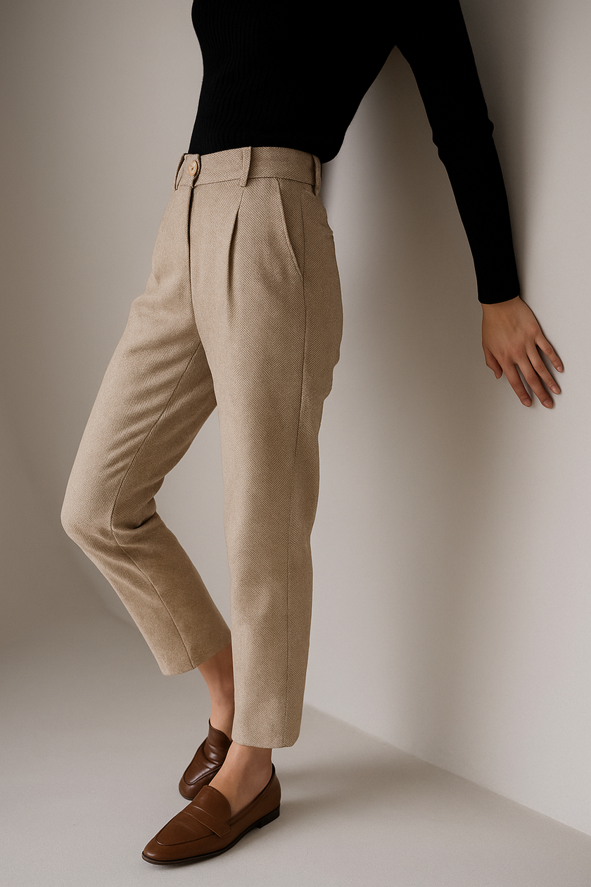 FJØRNA women's wool blend high waist tapered trousers, light-colored, tailored pants with a sleek fit and modern style.
