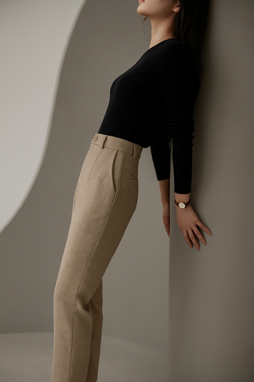 FJØRNA women's high waist tapered wool blend trousers worn by model in light color, showcasing stylish tapered pants for women.