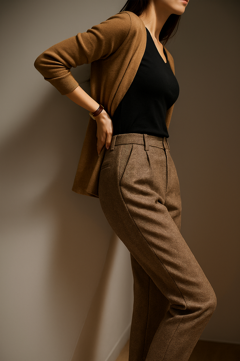 FJØRNA women's wool blend high waist tapered trousers, stylish pants with a tailored fit and crisp design, on a neutral background.