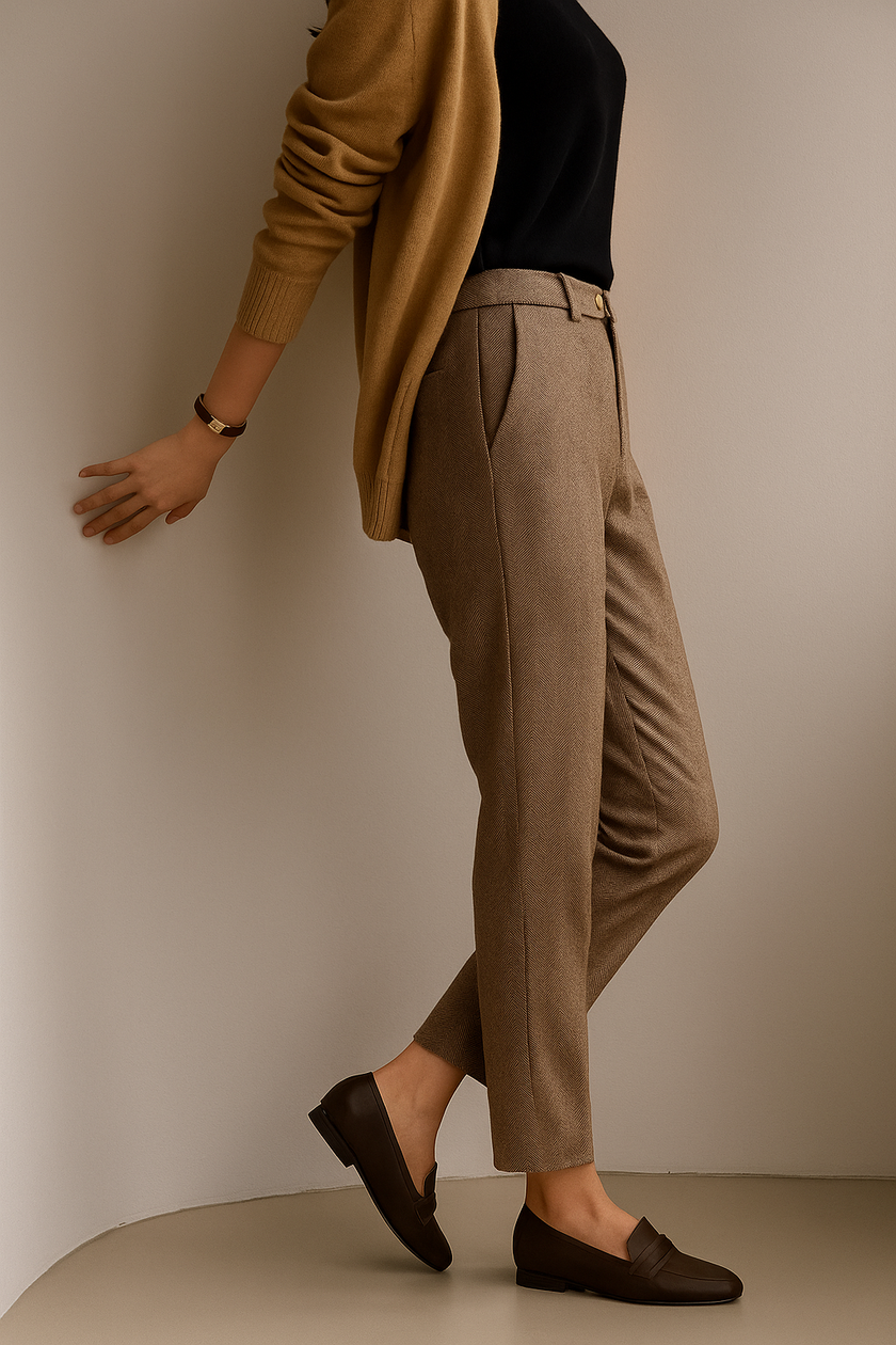 FJØRNA wool blend high waist tapered women's trousers displayed on a model, showcasing stylish tailored pants.