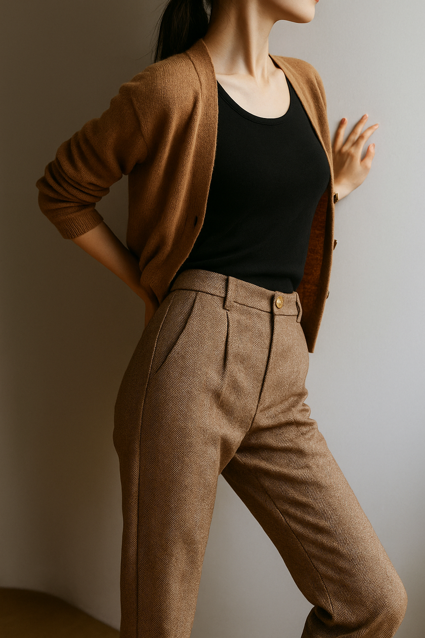 FJØRNA wool blend high waist tapered trousers for women, stylish pants with a tailored fit and sleek design.