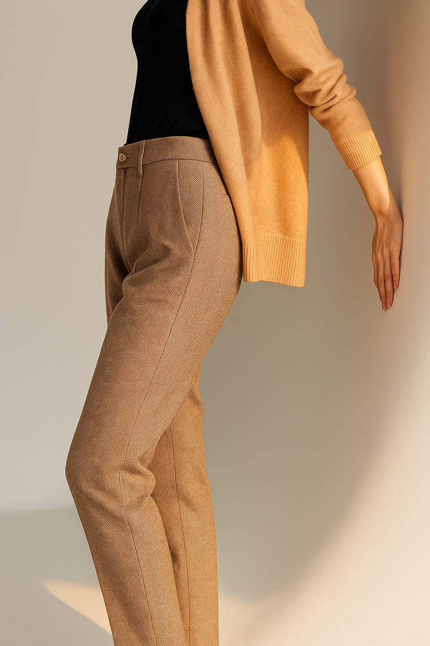 FJØRNA women's wool blend high-waist tapered trousers, stylish pants with a modern fit and tailored look.