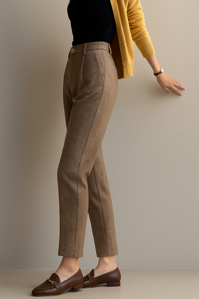 FJØRNA wool blend high waist tapered trousers for women, tailored pants with a sleek fit and classic design.
