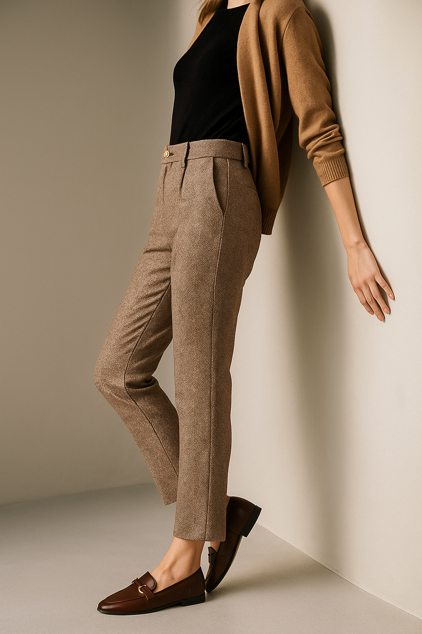 FJØRNA women's wool blend high waist tapered trousers, tailored pants with a sleek fit and classic style.