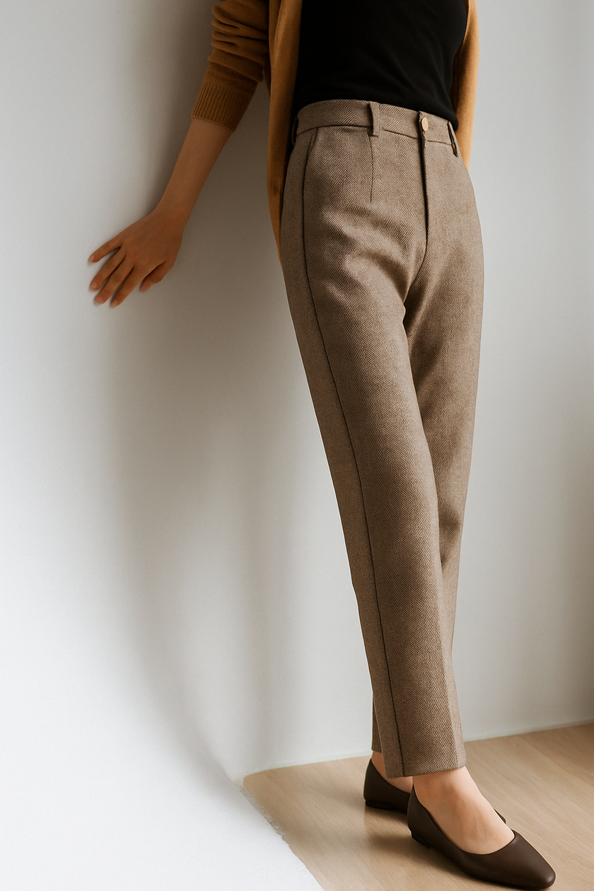 FJØRNA wool blend women's high waist tapered trousers, tailored pants with a sleek fit and classic design, shown in the image.
