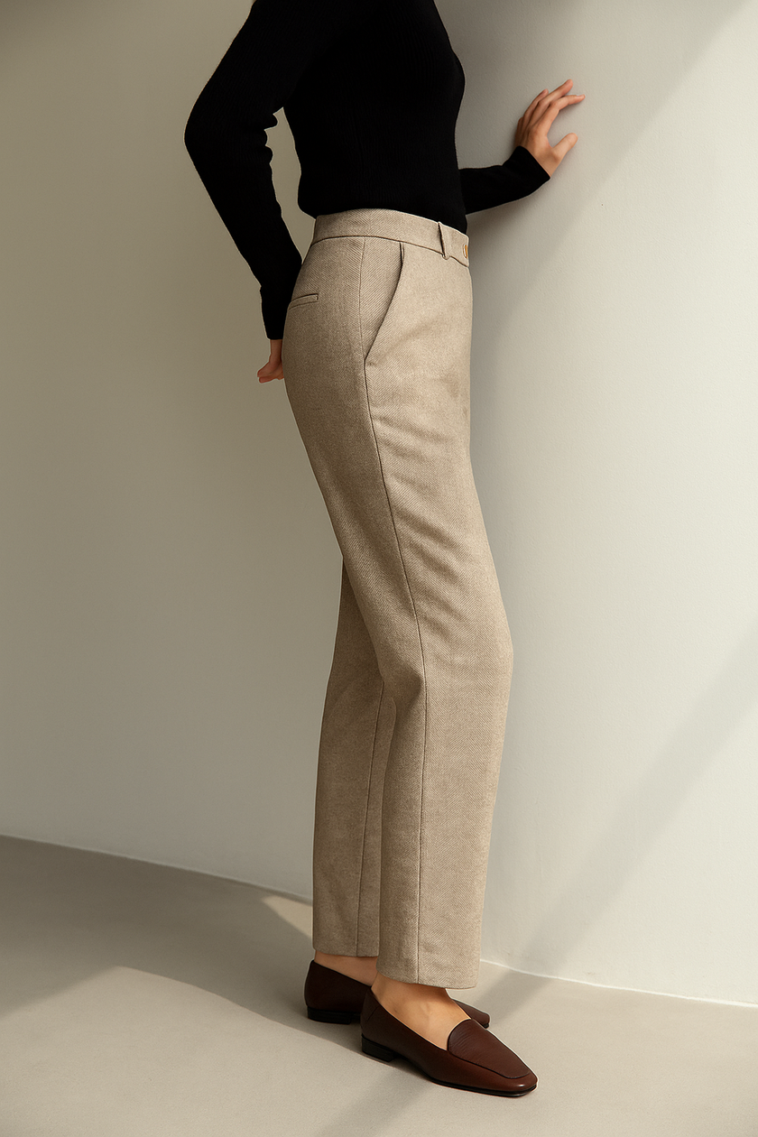 FJØRNA wool blend high waist tapered women's trousers with a casual fit and tailored design, shown in a neutral color.
