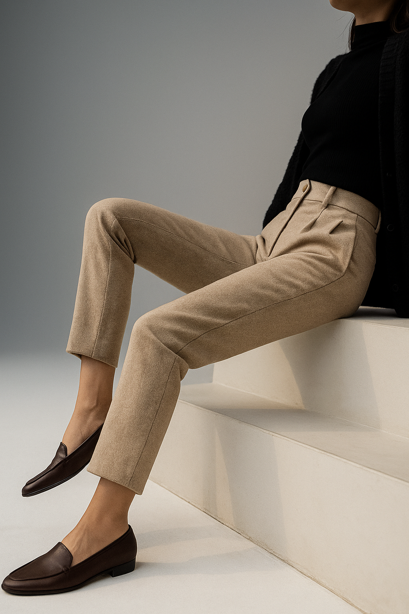 FJØRNA wool blend high waist tapered women's trousers displayed on a model, showcasing the stylish and tailored fit.