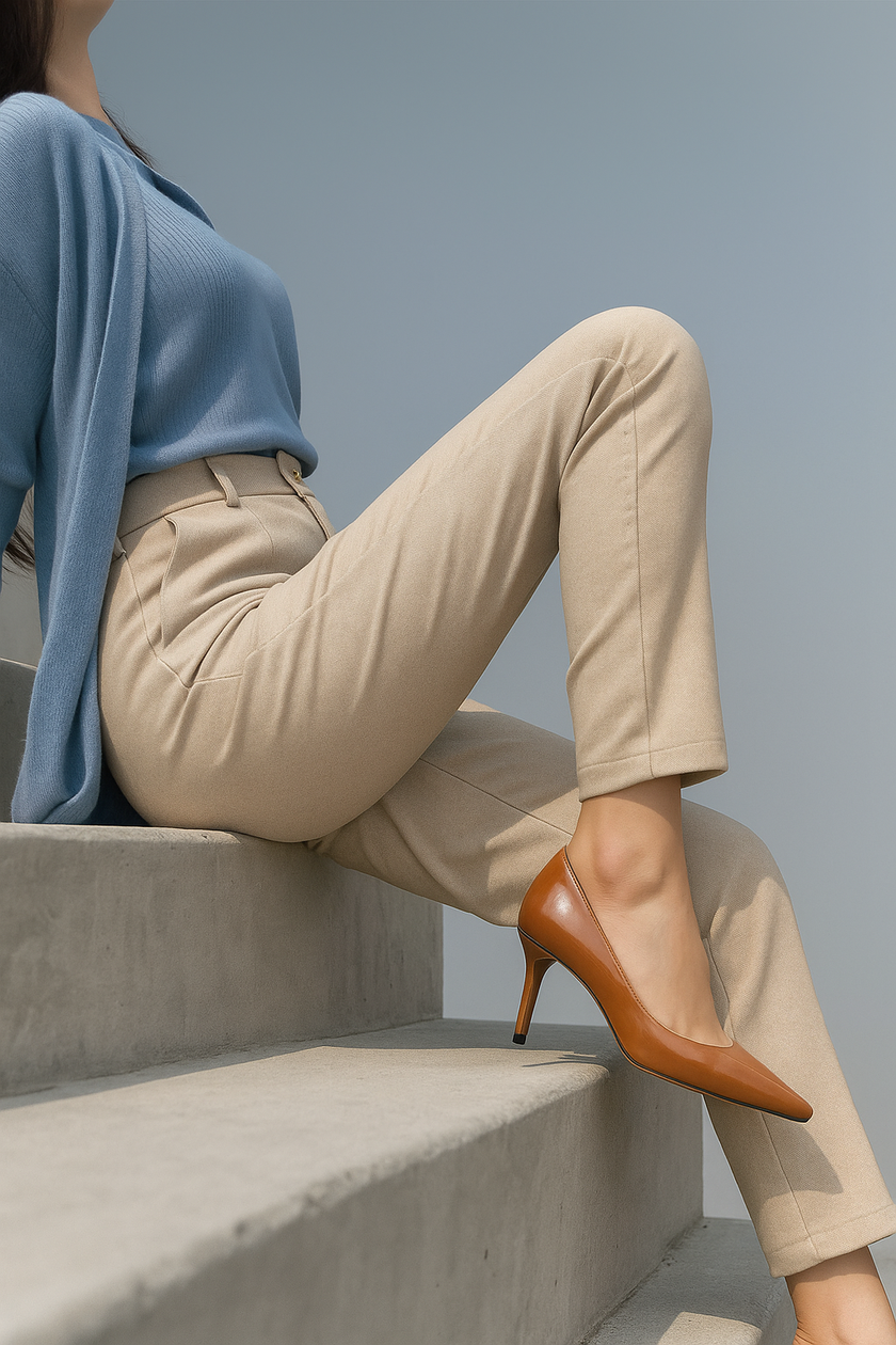 FJØRNA wool blend women's high waist tapered trousers, stylish and comfortable pants with a modern fit, shown in the image.