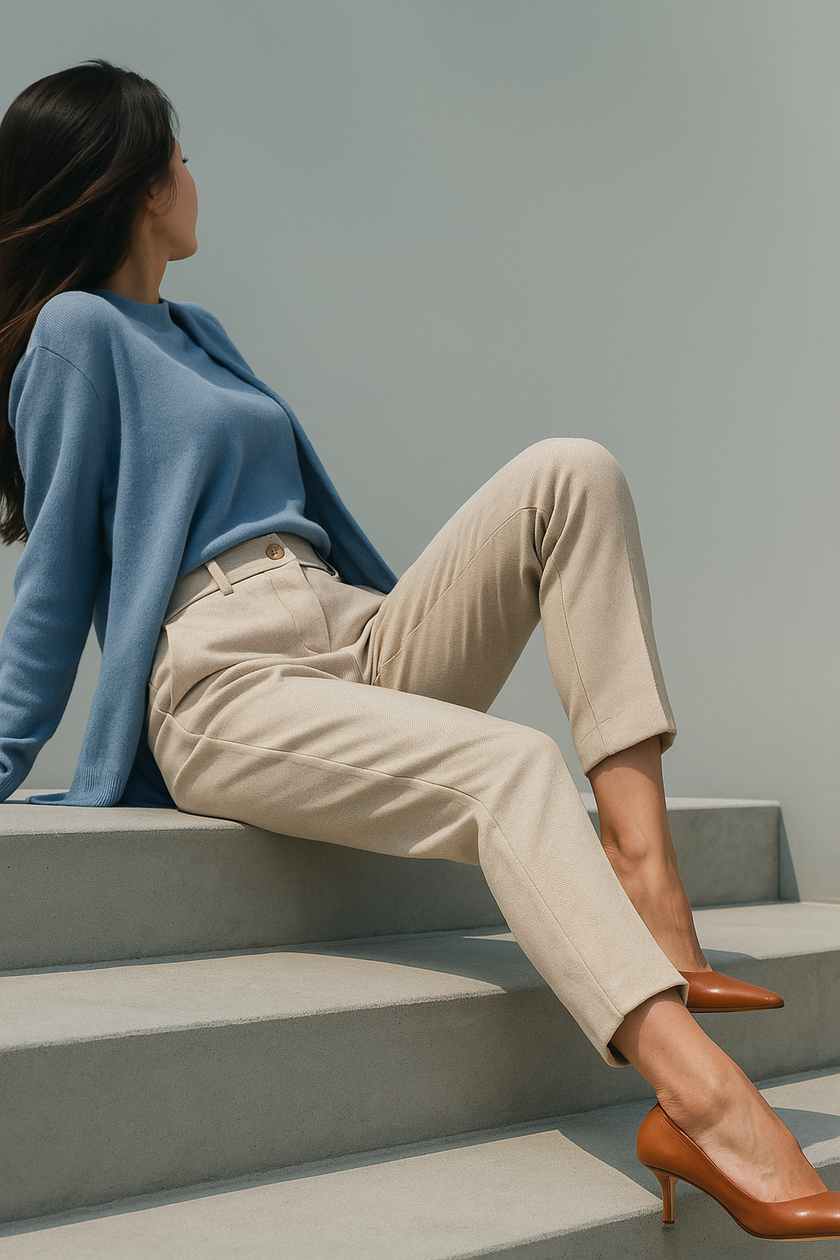 FJØRNA wool blend high waist tapered trousers for women, shown in a stylish fit with a focus on the tailored design.