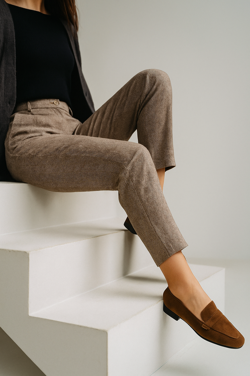 Relaxed-fit wool blend high waist tapered trousers for women by FJØRNA, shown on a model in a casual pose.