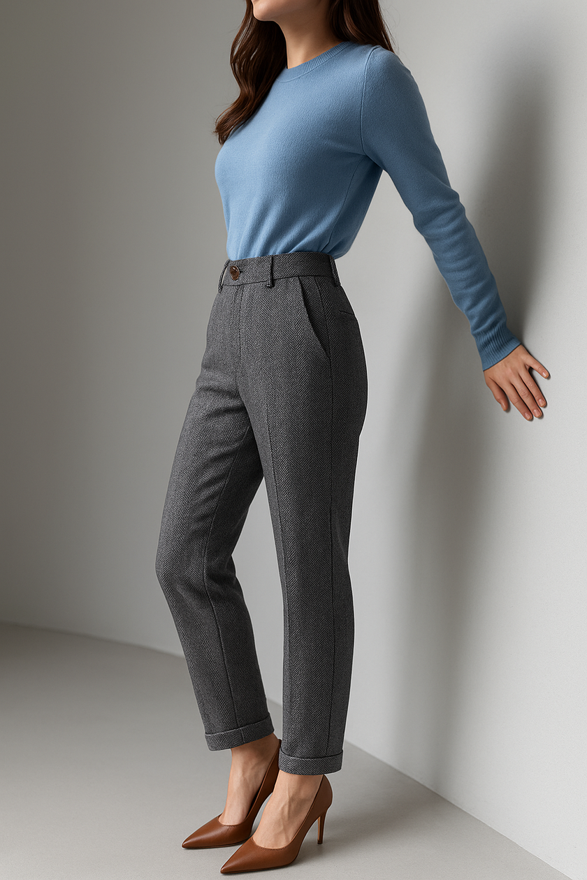 Women’s gray wool blend tapered high waist trousers by FJØRNA, styled on a model, showing the fit and fabric texture.