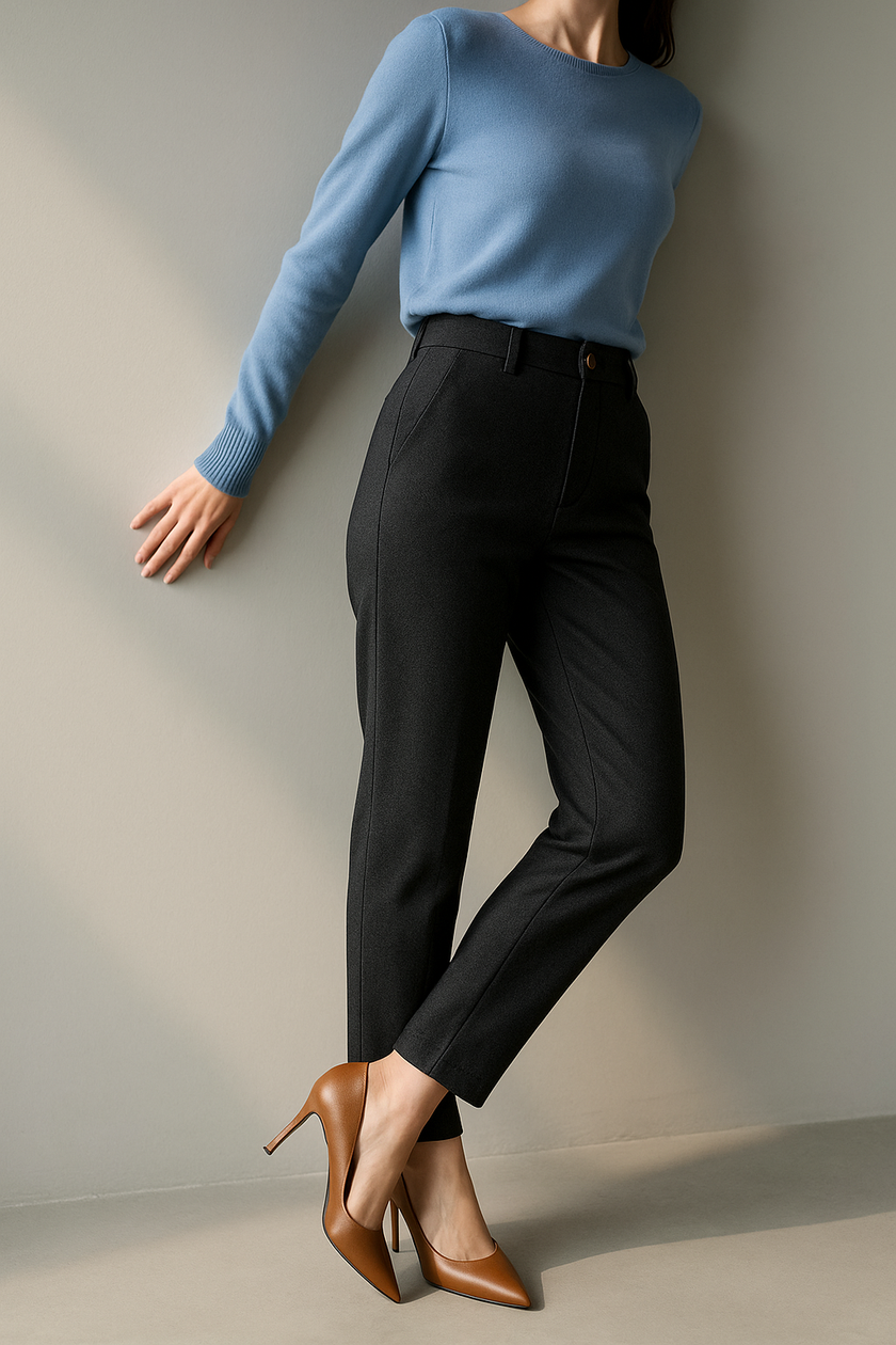 Beige wool blend high waist tapered women's trousers by FJØRNA, stylish and comfortable pants for women.
