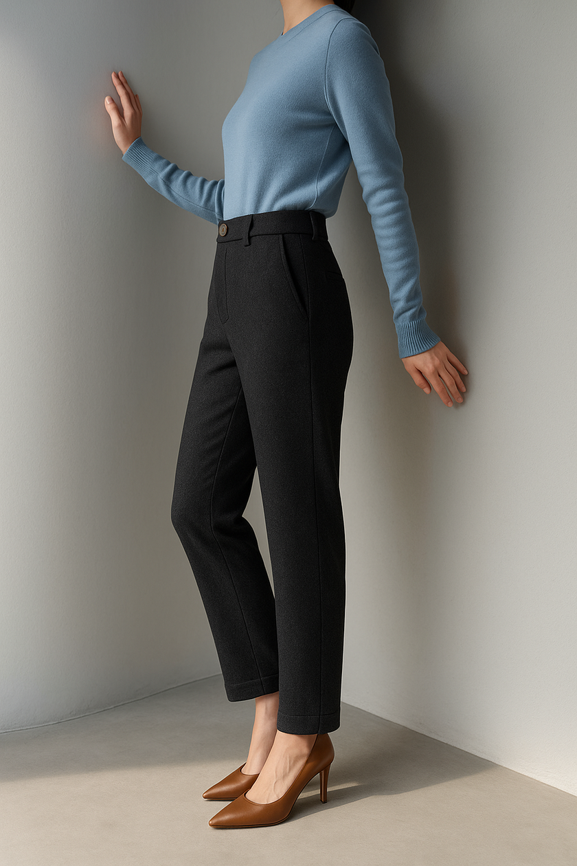Beige wool blend high-waist tapered trousers for women, stylish and comfortable pants by FJØRNA.