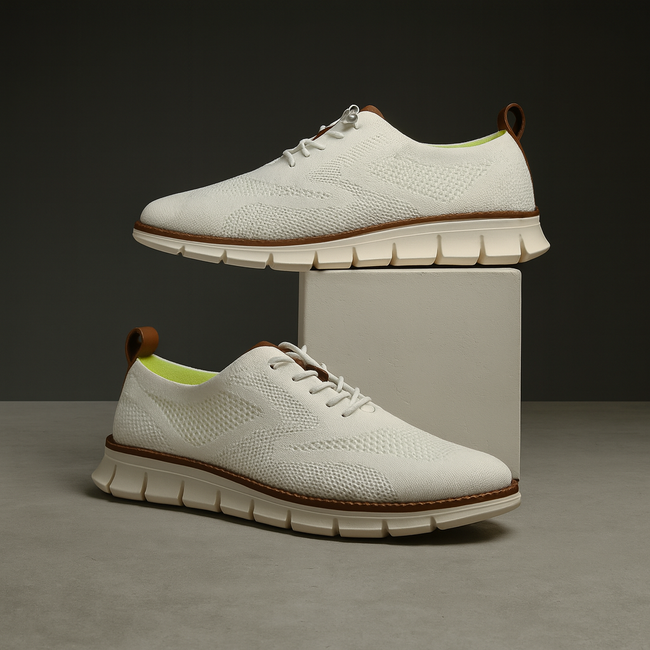 FJØRNA men's breathable knit mesh trainers with waffle pod cushioned soles and minimalist design, ideal for comfortable everyday wear.