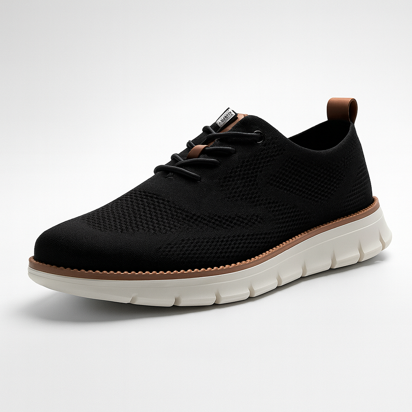 FJØRNA men's knit mesh trainers with breathable waffle-pod cushioned soles, showcasing lightweight and comfortable athletic shoes.