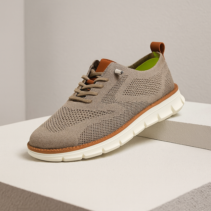FJØRNA men's knit mesh trainers with breathable waffle-pod cushioned soles, showcasing lightweight, stylish athletic shoe design.