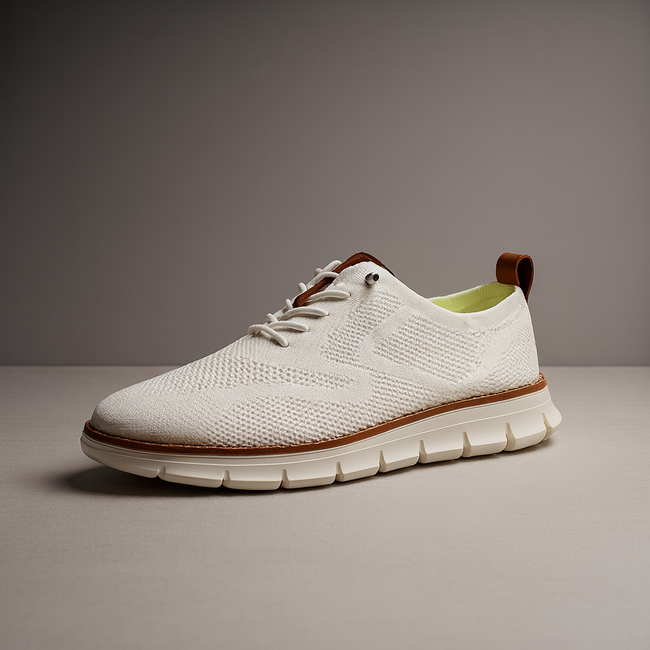 Men's FJØRNA Knit Mesh Trainers with breathable waffle-pod cushioned soles, minimalist white sneakers for comfort and style.