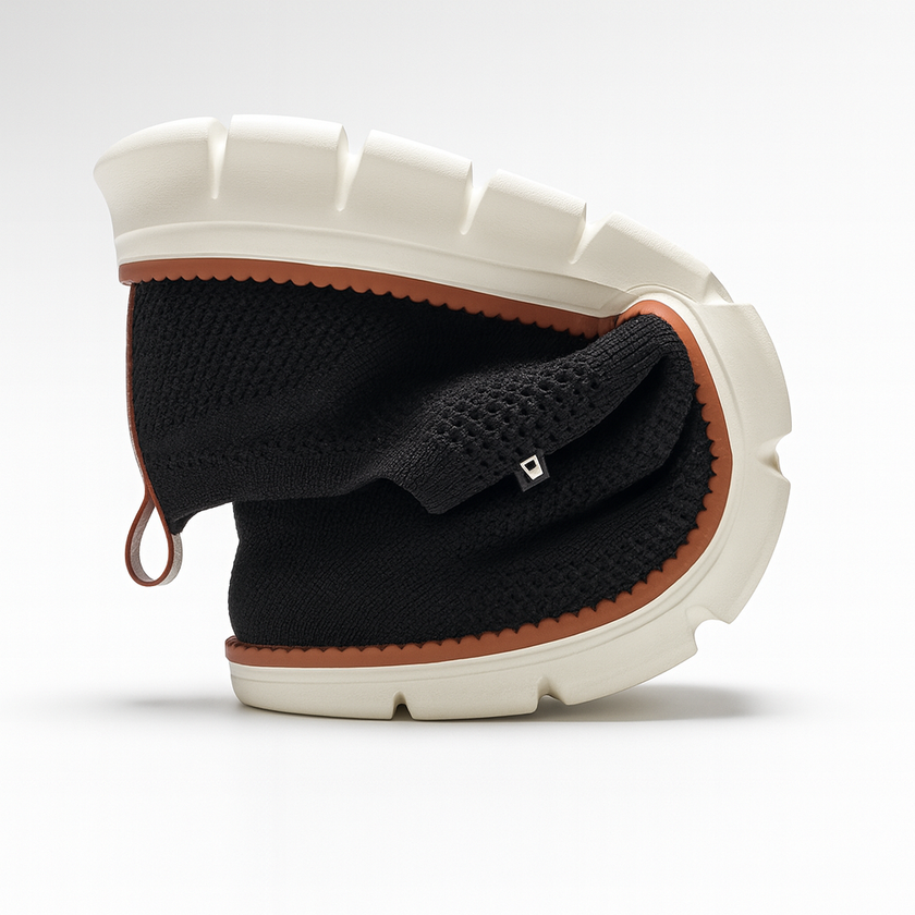 FJØRNA men's knit mesh trainers with breathable waffle-pod cushioning, stylish athletic shoes for comfortable everyday wear.