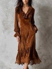 FJØRNA women's midi dress with ruffle neck, lace trim, eco-friendly velvet fabric, stylish and elegant for casual or special occasions.