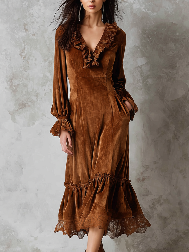 FJØRNA women's midi dress with ruffle neck, lace trim, eco-friendly velvet fabric, stylish and elegant for casual or special occasions.