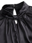 FJØRNA satin women's blouse with high neck, keyhole detail, short sleeves, elegant and smooth fabric.