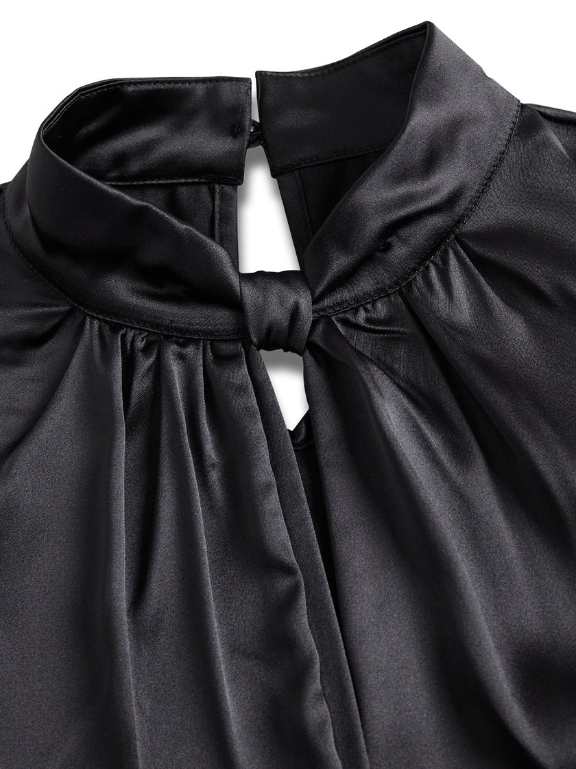 FJØRNA satin women's blouse with high neck, keyhole detail, short sleeves, elegant and smooth fabric.