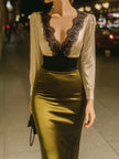 FJØRNA olive satin and lace contrast cocktail dress in green, featuring elegant design and fitted silhouette for special occasions.