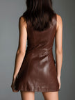 Brown eco leather zip-front mini dress for women by FJØRNA, showcasing a fitted mini dress with a front zipper and sleek design.