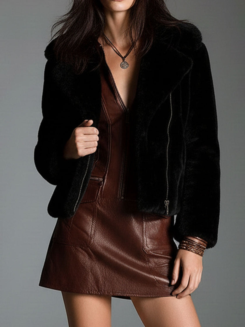 Brown eco leather zip-front mini dress for women by FJØRNA, showcasing the fitted silhouette and stylish design.