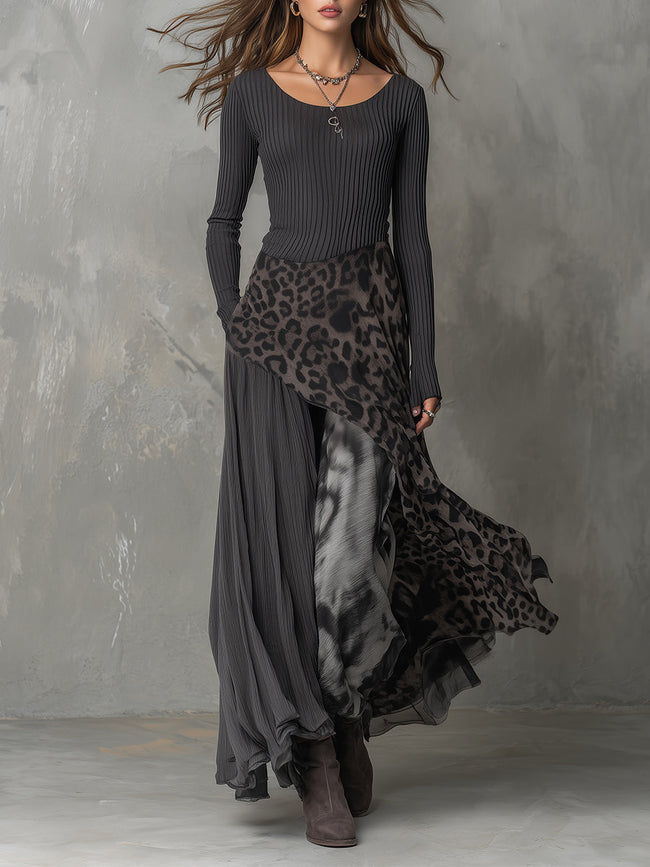 FJØRNA leopard print maxi dress showcasing a flowing casual dress with a bold animal pattern and relaxed fit.