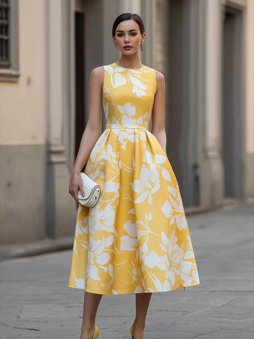 FJØRNA sleeveless floral print midi dress displayed on a hanger, showcasing vibrant flower patterns and lightweight fabric.