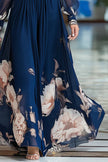 FJØRNA floral print patchwork mesh long-sleeved V-neck fitted waist maxi dress displayed on model.