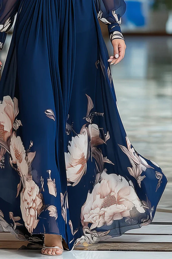FJØRNA floral print patchwork mesh long-sleeved V-neck fitted waist maxi dress displayed on model.