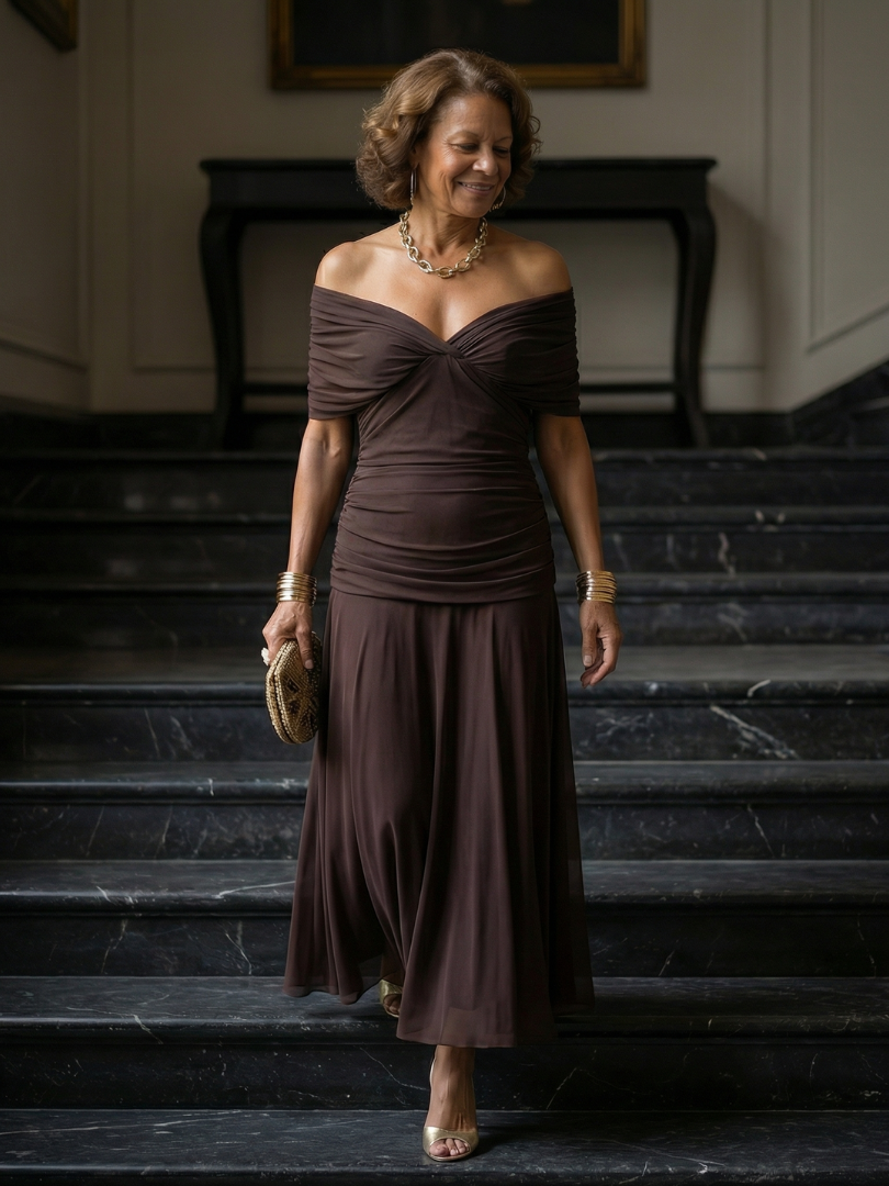 FJØRNA elegant off-shoulder midi dress for women, form-fitting bodycon style in a sophisticated design.