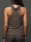 FJØRNA earth tone double-layer mesh knit halter tank top, showing the layered mesh design and halter neckline.