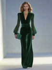 Royal blue velvet V-neck mesh long sleeve jumpsuit by FJØRNA, featuring a fitted silhouette and elegant design.