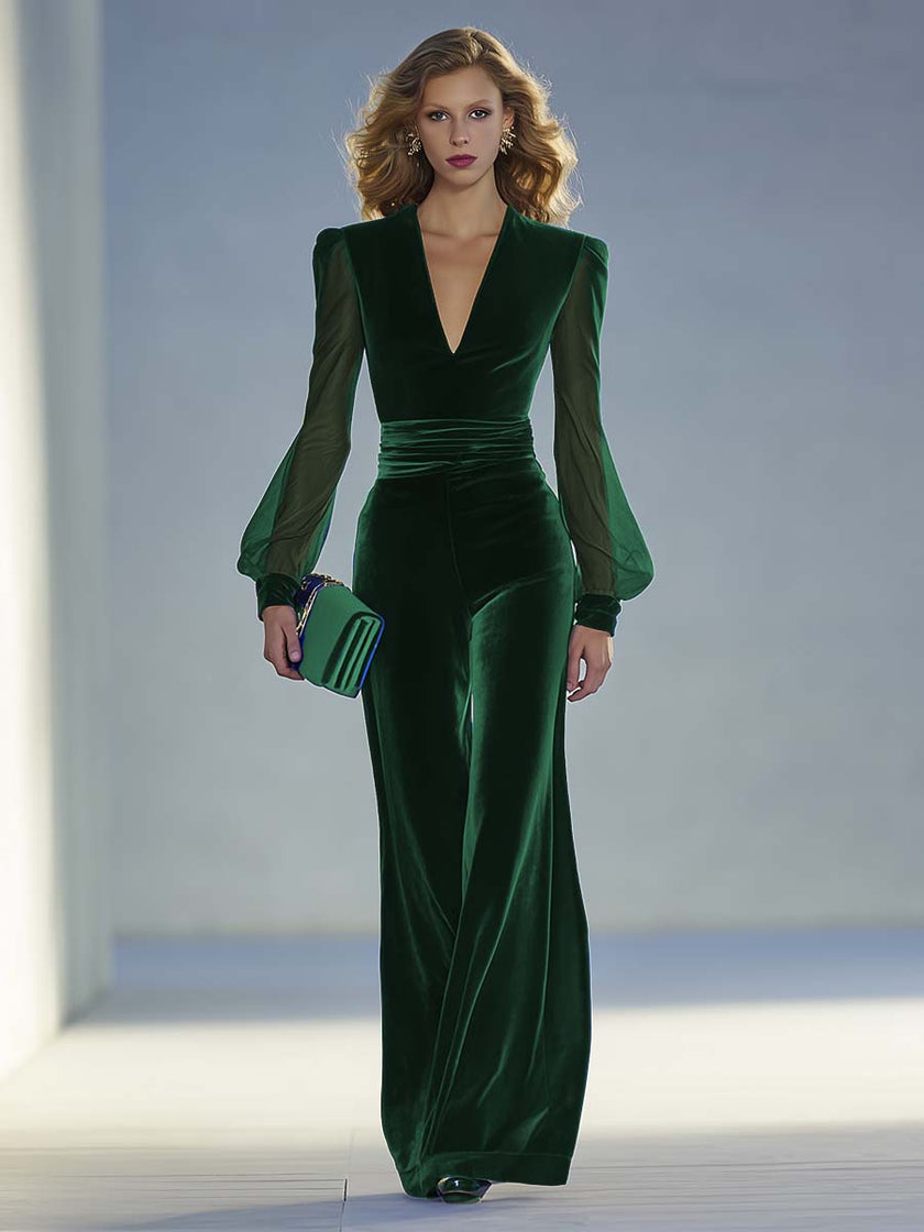 Royal blue velvet V-neck mesh long sleeve jumpsuit by FJØRNA, featuring a fitted silhouette and elegant design.