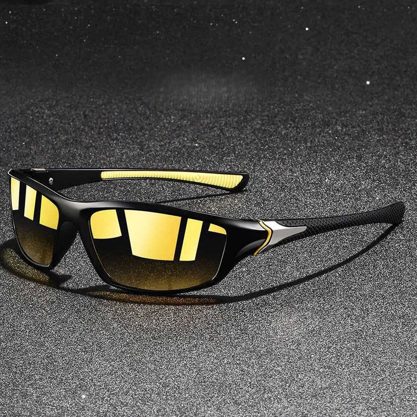 FJØRNA polarized men's sunglasses with black frames and tinted lenses, styled for outdoor accessories and sun protection.